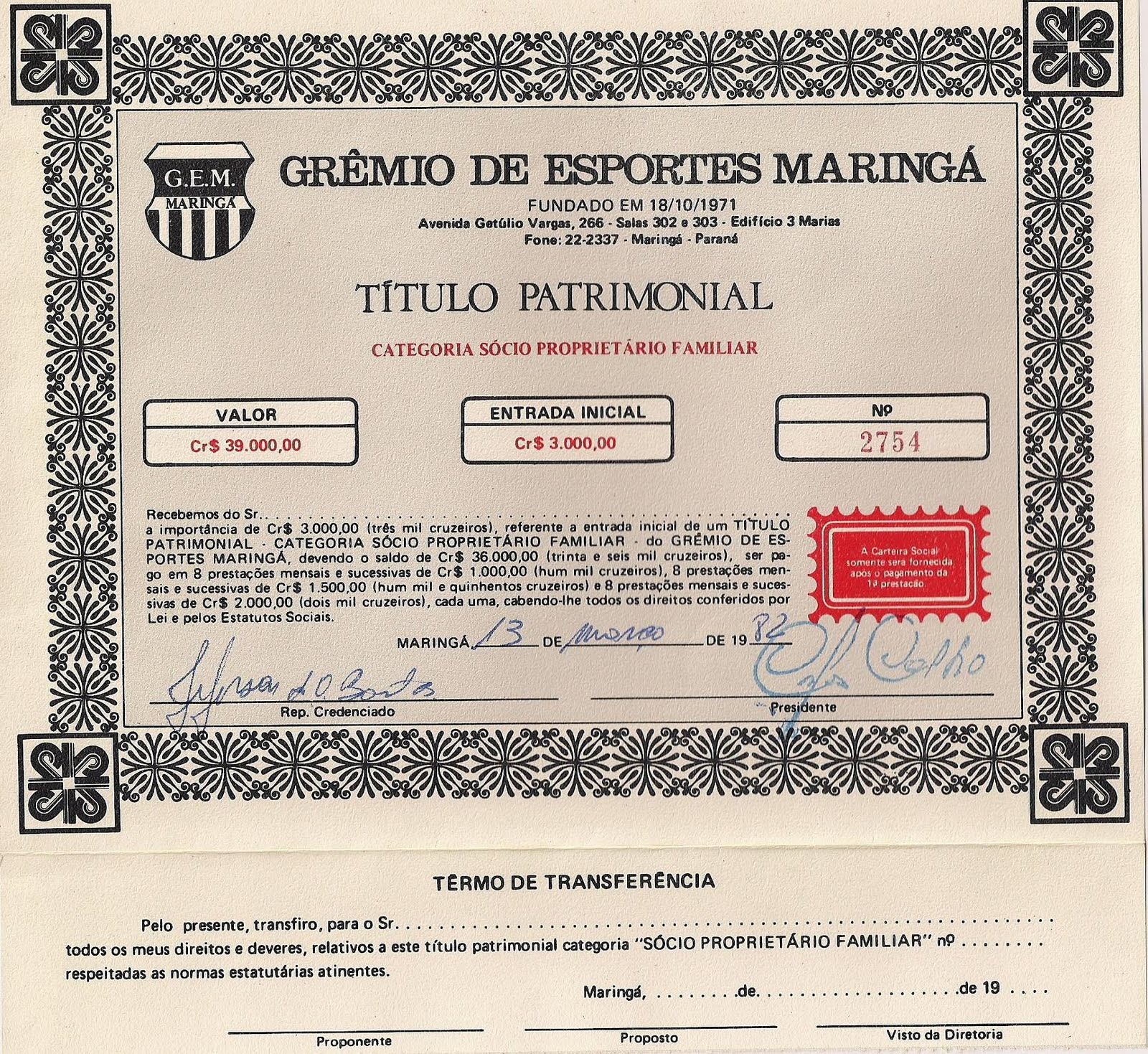 Título Patrimonial do Grêmio de Maringá