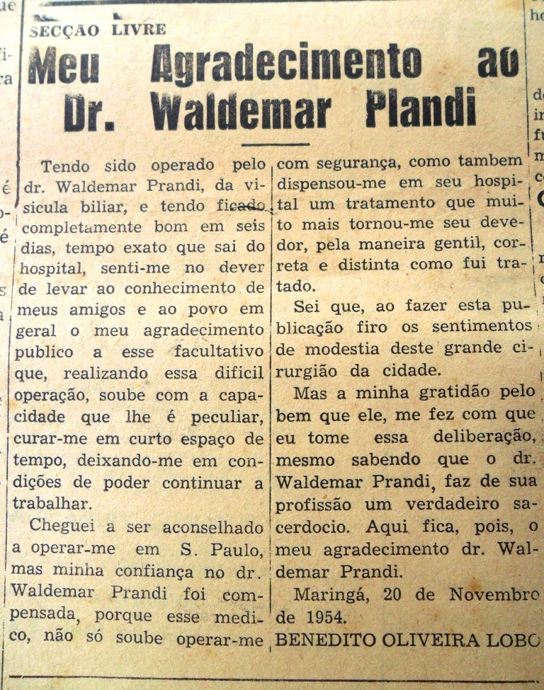 Agradecimento ao Dr. Waldemar Prandi