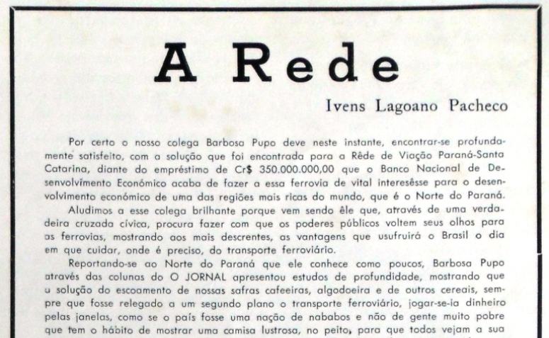 Ivens Lagoano escreve sobre a Rede Ferroviária - 1954