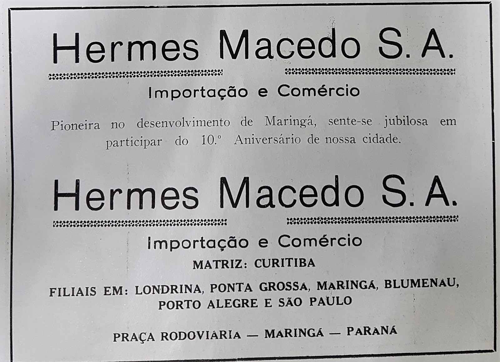 Anúncio da Hermes Macedo S.A. - 1957