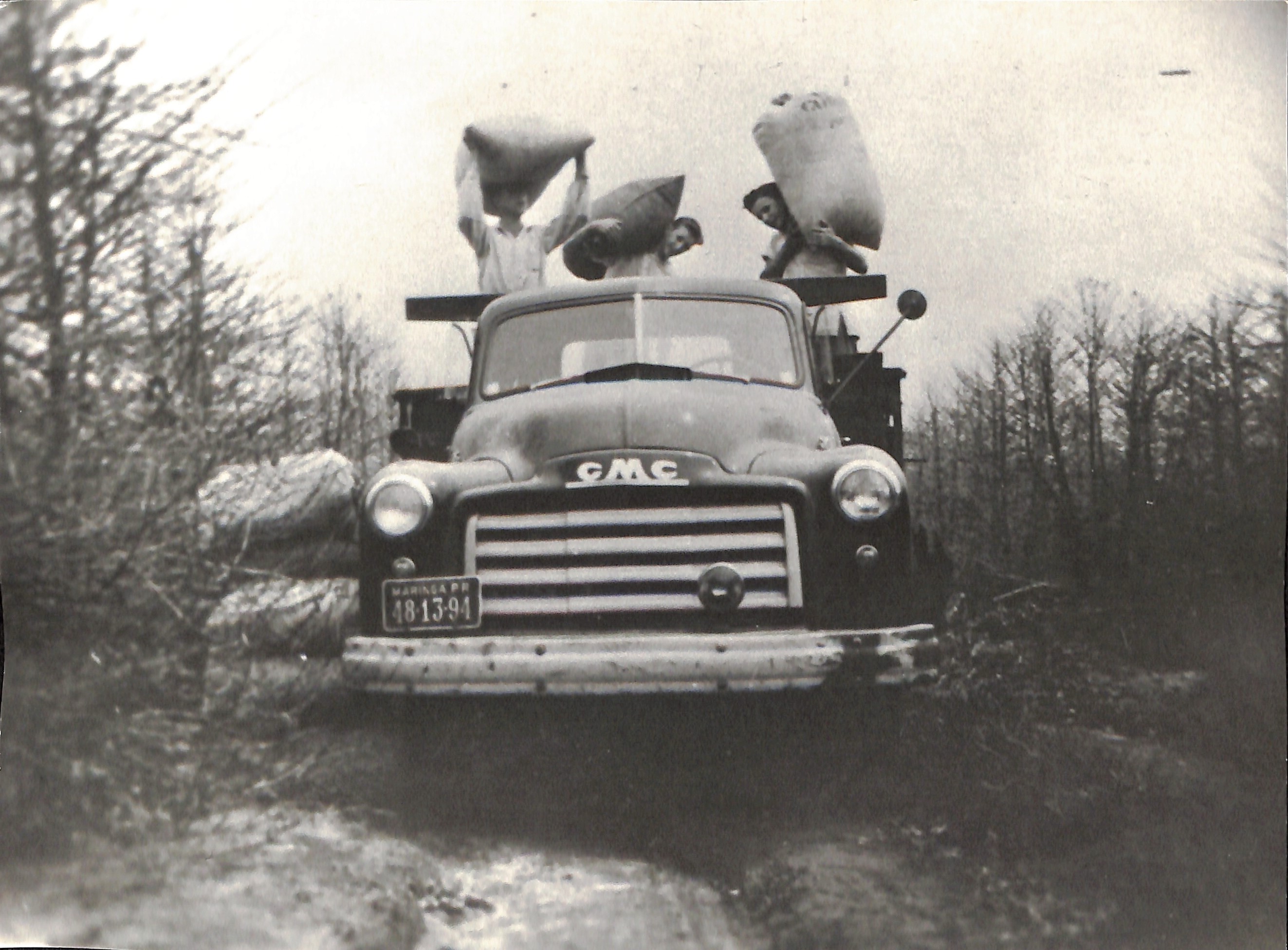Trabalhadores carregam sacas de café - 1955