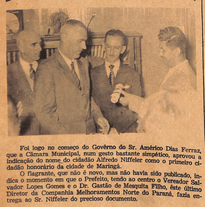 Primeiro título de Cidadão Honorário de Maringá - 1957