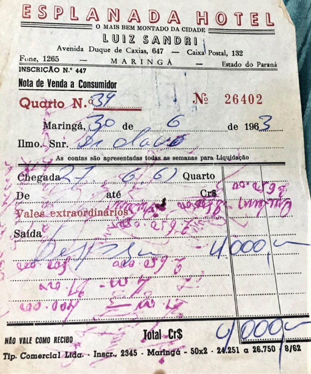 Recibo do Esplanada Hotel - 1963