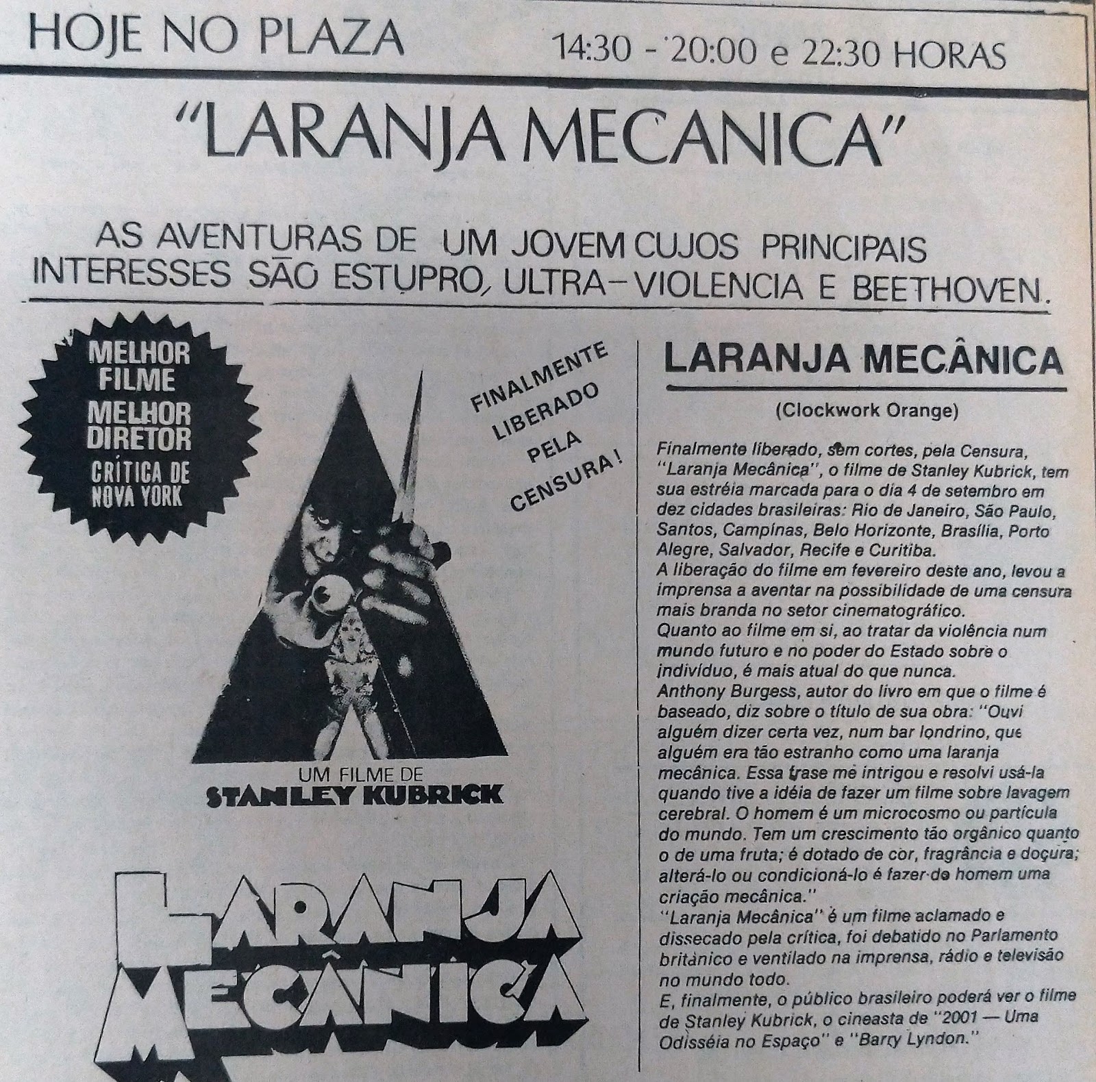 Laranja Mecânica - Cine Plaza - Novembro de 1978