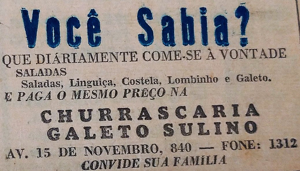 Publicidade do Galeto Sulino - 1962