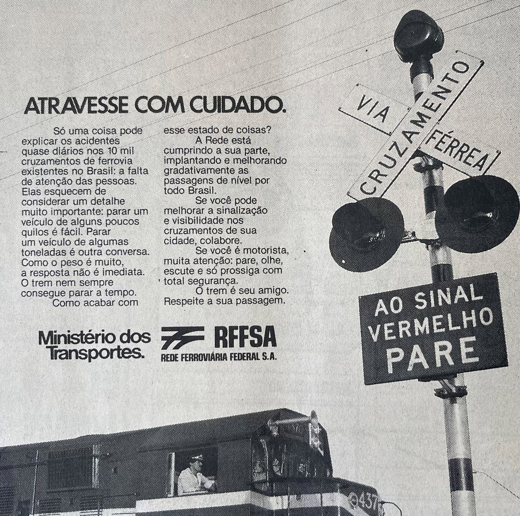Anúncio da RFFSA sobre cruzamentos ferroviários - 1986