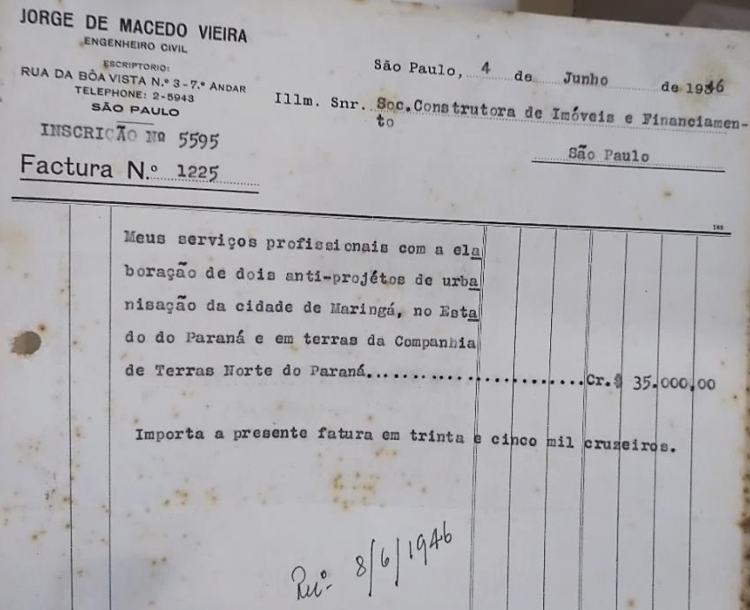 Fatura de Jorge de Macedo Vieira - 1946