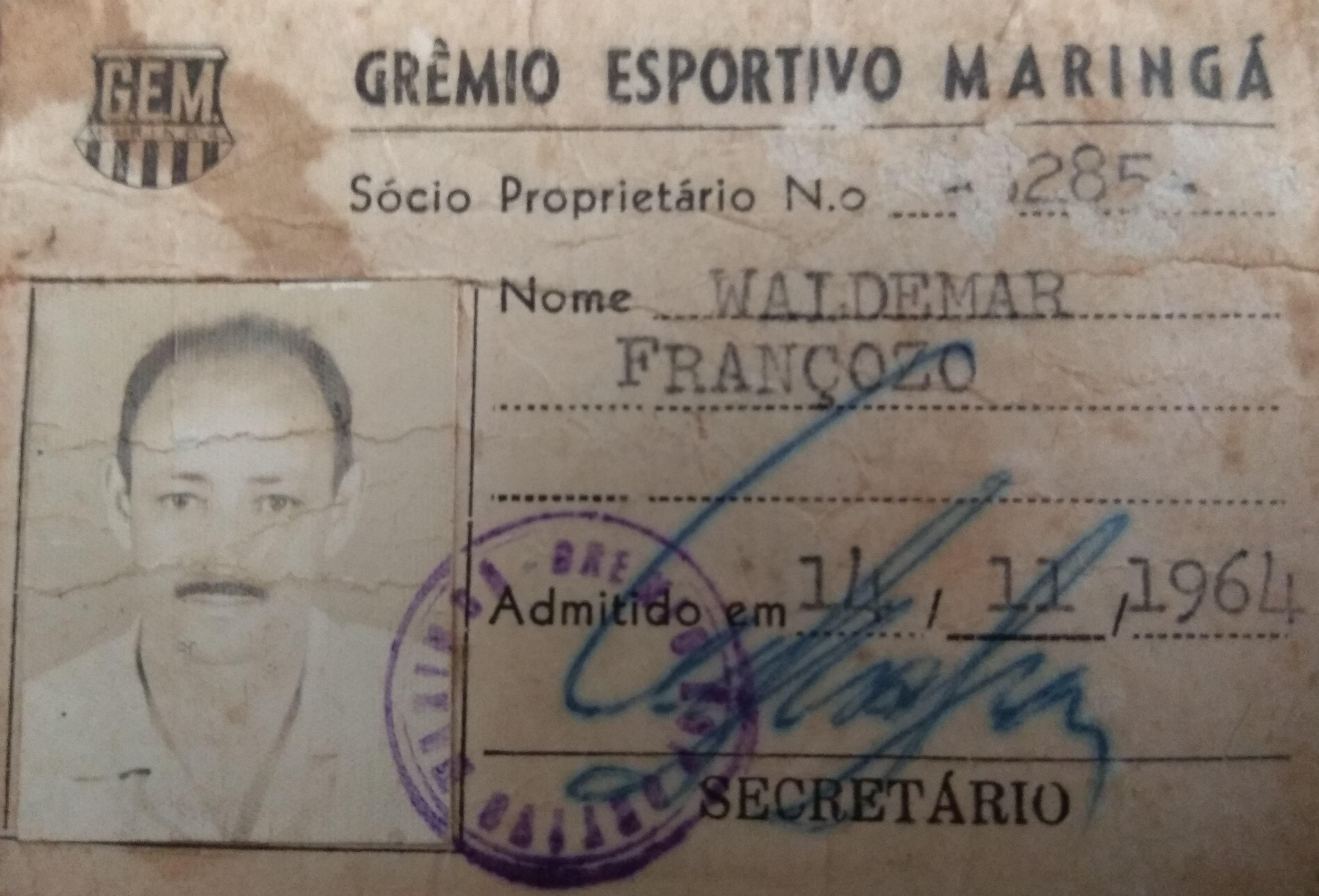 Carteirinha do Grêmio Esportivo Maringá - 1964