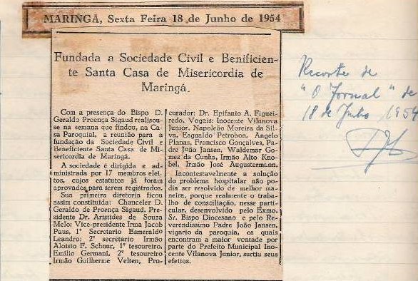 Recorte da inauguração da Santa Casa de Maringá - 1954